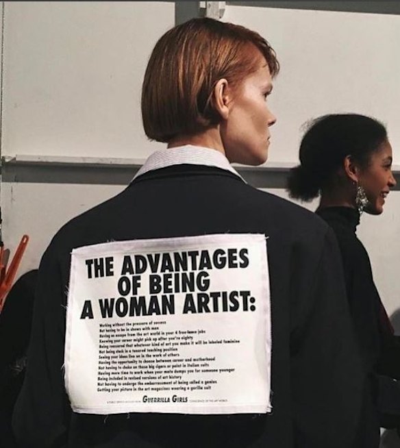 The Australian designers behind Tome Instagram themselves wearing shirts in support of Planned Parenthood and the Women's March, sending models down the runway with a tongue and cheek list of 'the advantages of being a woman artist.' The art came from Guerilla Girls, a group of artists and performers fighting discrimination through the arts.