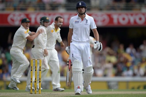 England captain Alastair Cook leaves the field after being dismissed by Nathan Lyon.