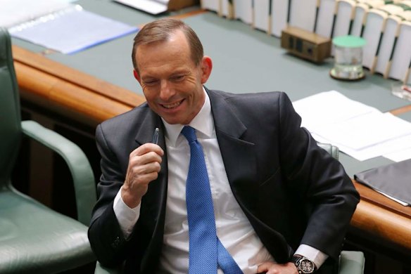 Opposition Leader Tony Abbott smiles during question time at Parliament House.