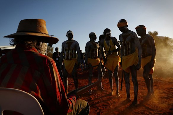 Gumatj clan ceremonial leaders performing the Gurtha ceremony at the opening ceremony of the First Nations National Convention held in Uluru, at the Mutitjulu community.