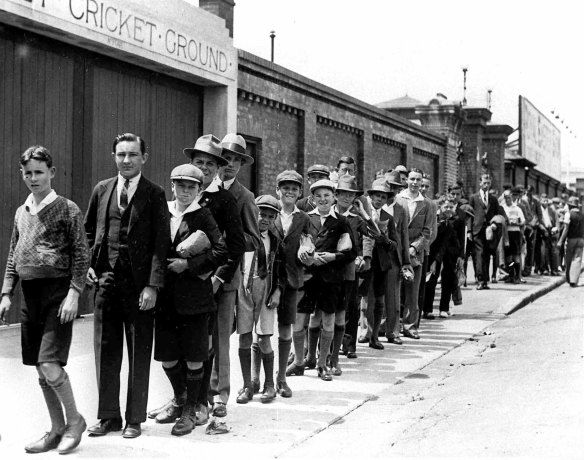 A youthful queue outside the Sydney Cricket Ground in November 1932 during NSW’s match against the visiting English cricketers. 