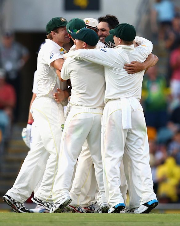 Mitchell Johnson celebrates taking the final wicket.