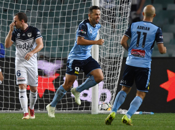 In again: Leading goalscorer Bobo puts Sydney in front against Victory.
