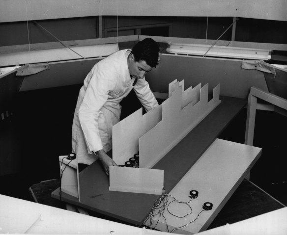 A model of O’Connell Street, prepared by the Commonwealth Experimental Building Station, used to study natural lighting problems in city streets. November 4, 1960. 