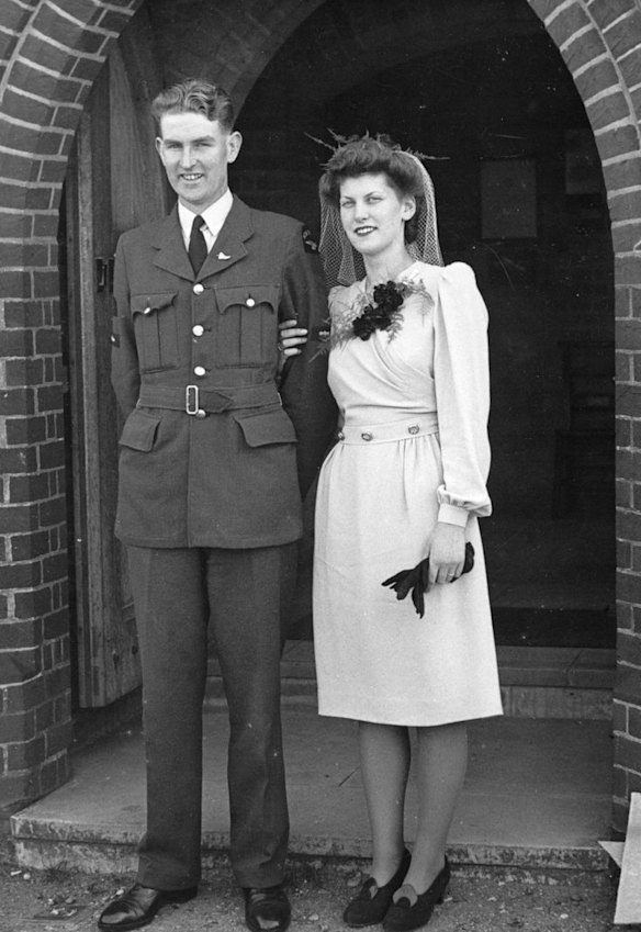 Wartime weddings called for a more practical dress style, with shorter skirts and sturdy shoes. According to a 1942 issue of Vogue, 'The dominant daytime silhouette was one that reflected the practical needs of the wartime woman.' Pictured: Claire and Allen Dunlop's wedding in 1944