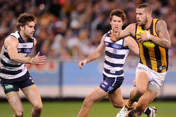 Cursed? Geelong's Tom Lonergan has a good record against Franklin. The Cats won 11 straight games against the Hawks following their 2008 grand final loss to Hawthorn.
