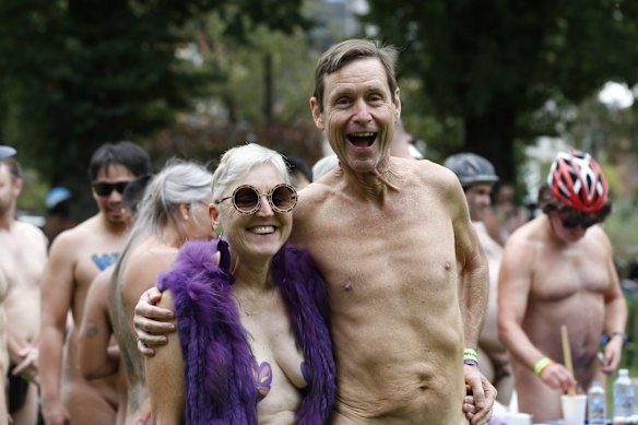 Michael Trowbridge and Annette take part in the 2021 Naked Bike Ride in Melbourne, Australia.