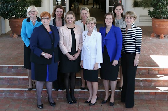No need for Mr Turnbull to make up the numbers: The women in his new ministry in a group picture on the steps of Government House.