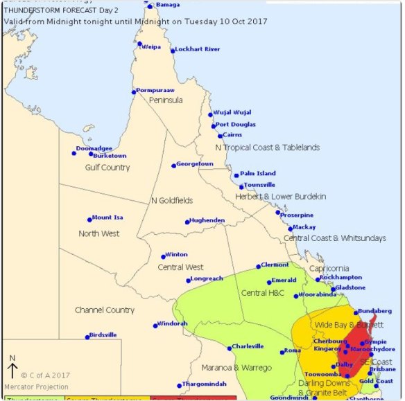 Thunderstorms predicted for south-east Queensland on Tuesday: Bureau of Meteorology. 