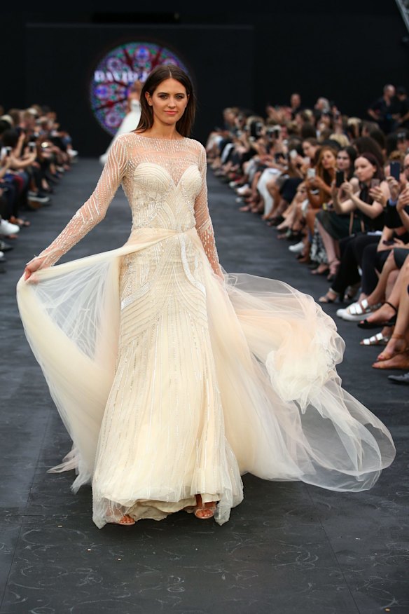 Jesinta Franklin showcases designs by Carolina Herrera at the David Jones Autumn/Winter 2017 Fashion Launch at St Mary's Cathedral, Sydney, on February 1, 2017.