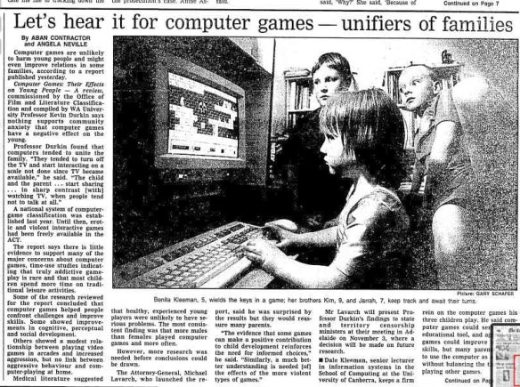 A front page story in The Canberra Times on October 5, 1995, following the release of government-commissioned research on the impact of computer games on families.