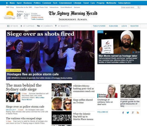 The Herald’s homepage at the time of the Sydney siege.