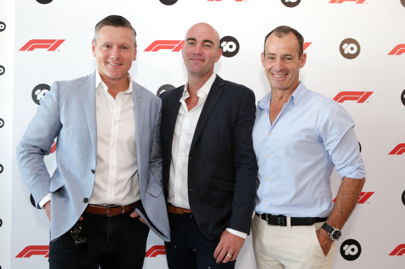In the club: former Wallaby turned Network Ten sports presenter Matt Burke, with sales boss Rod Prosser and chief executive Paul Anderson 