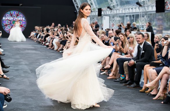 Jesinta Franklin walks in the David Jones Autumn/Winter 2017 Fashion Launch at St Mary's Cathedral, Sydney, on February 1, 2017.