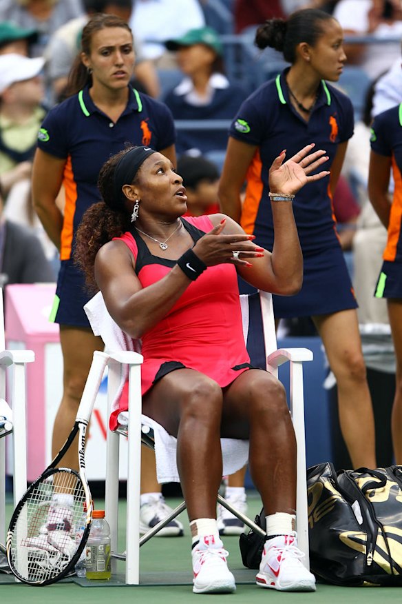 Williams of the United States argues with chair umpire Eva Asderakia (not pictured) during a break in play against Samantha Stosur.
