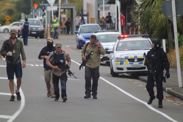 Armed police on Langdons Rd, Papanui, following the shootings in Christchurch, New Zealand.