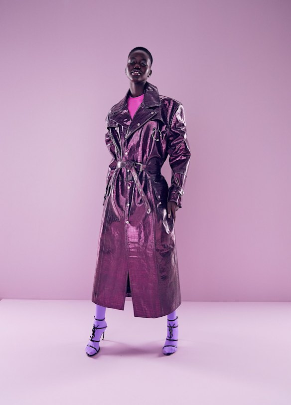 Strateas Carlucci trench coat, $4350. Scanlan Theodore tee, $90. Voodoo hosiery, $13, from David Jones. Saint Laurent heels, $1395, from Miss Louise.