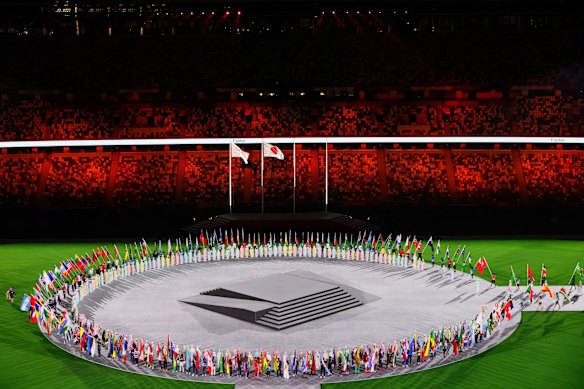 A view as the flag bearers of the competing nations enter the stadium during the Closing Ceremony of the Tokyo 2020 Olympic Games at Olympic Stadium in Tokyo, Japan. 