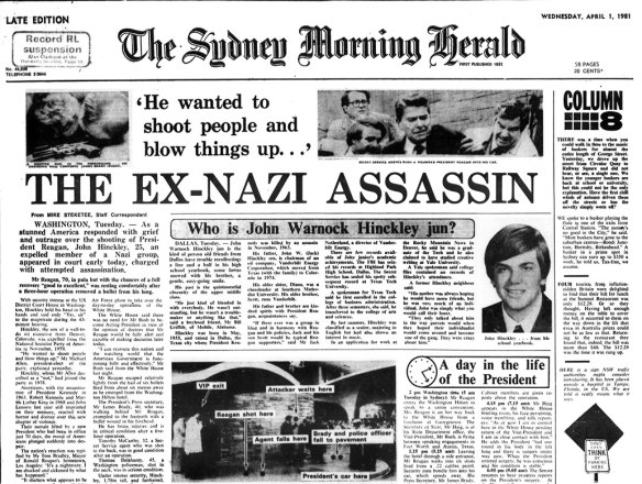 Assassination attempt on President Reagan: Front page of the Sydney Morning Herald on April 1, 1981. 