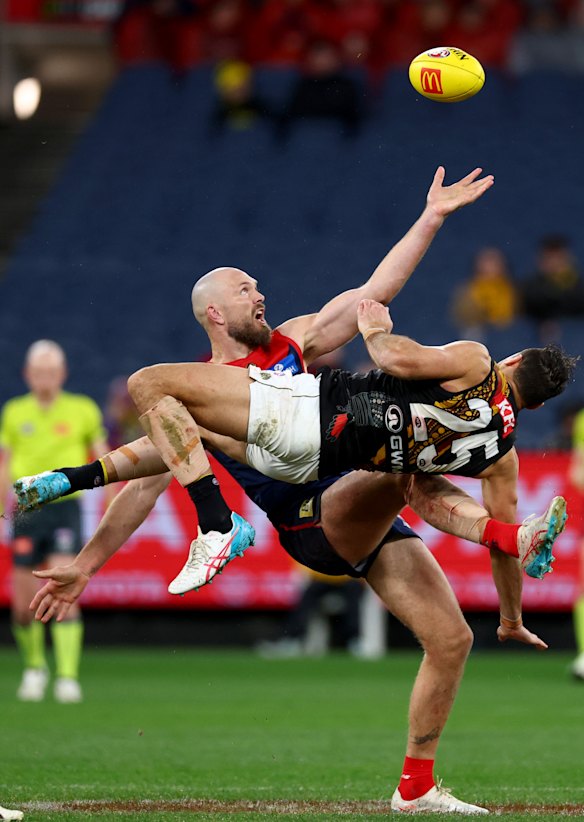 Max Gawn of the Demons and Toby Nankervis of the Tigers compete in the ruck.