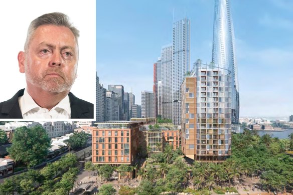 Planning Minister Anthony Roberts and the planned 20-story residential tower in Barangaroo.