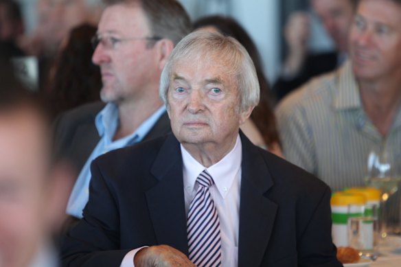 2012 EX- Australian cricketer Richard "Richie" Benaud OBE at the Cricket Australia season launch at the MCA Sydney, with Australian cricket captain Michael Clarke and other Australian and domestic male and female cricket players.
