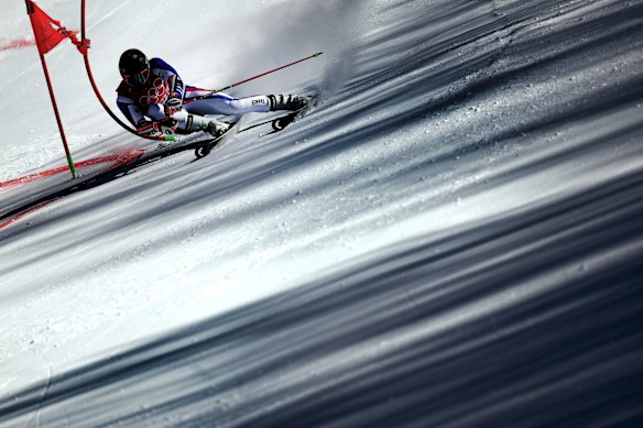 Mathieu Faivre, of France, during the mixed team parallel quarter-finals on day 16 of the Beijing Games.