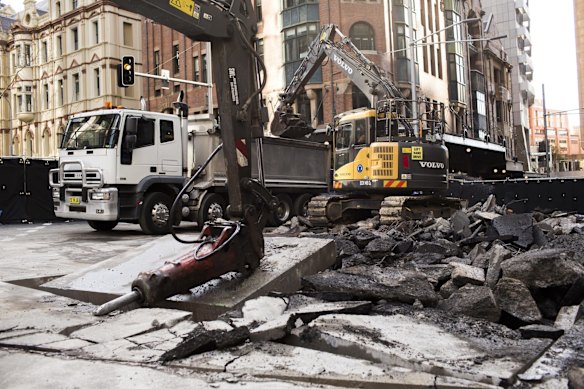 The George, Bridge and Grosvenor Streets intersection where light rail preparation works have begun.