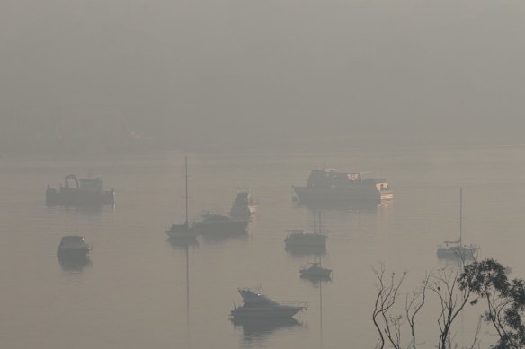 A smoke haze is seen blanketing the Parramatta River, near Rhodes.