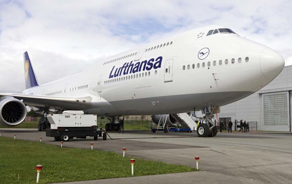 The Boeing 747-8 Intercontinental airliner which was delivered to launch partner Lufthansa sits on the tarmac at the Boeing factory at Paine Field Airport, near Seattle.