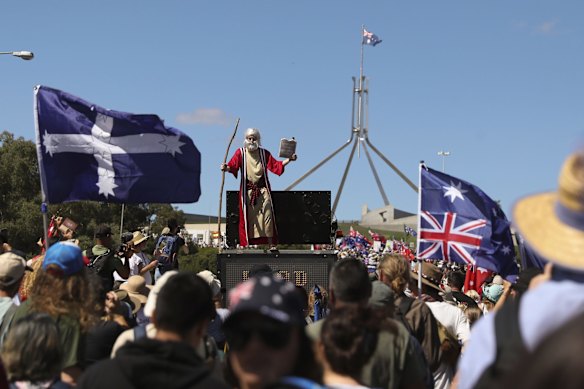 'Convoy to Canberra' protesters march towards the Parliamentary triangle, in Canberra.