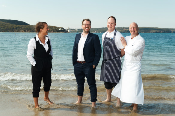 The Bathers' team in September 2019: Jess Mead (restaurant manager), Cam Fairbairn (GM of service), Cameron Johnston (head chef) and Serge Dansereau (co-owner). 