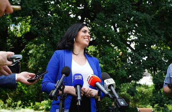 Let her speak: Moira Deeming takes questions after she was readmitted to the Liberal party room.