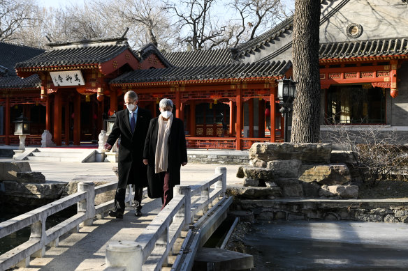Foreign Minister Penny Wong explores the Diaoyutai State Guesthouse in Beijing with Ambassador Graham Fletcher. 