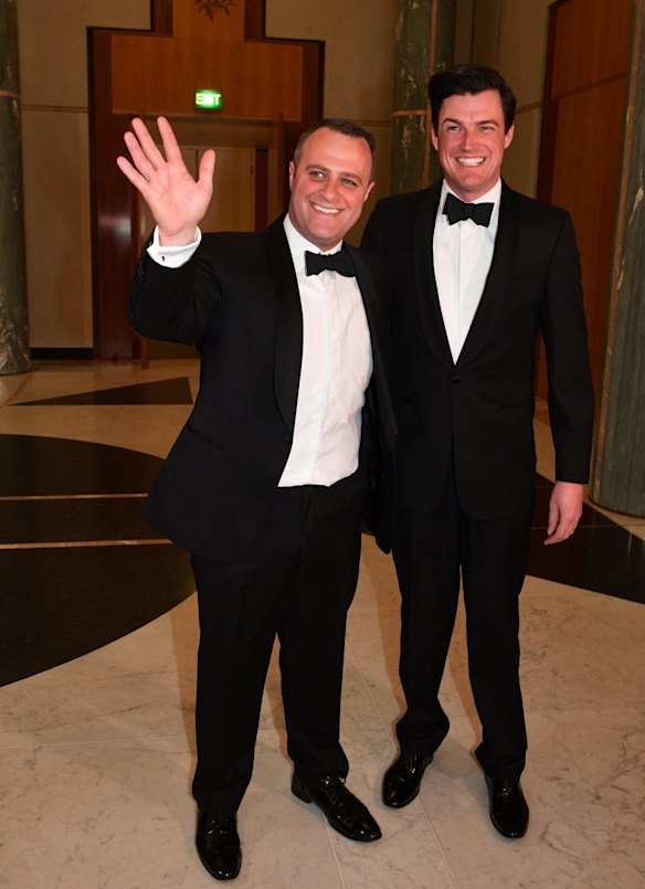 Liberal Member for Goldstein Tim Wilson and husband Ryan Bolger arrive for the annual Mid Winter Ball at Parliament House in Canberra, Wednesday, September 12, 2018. 