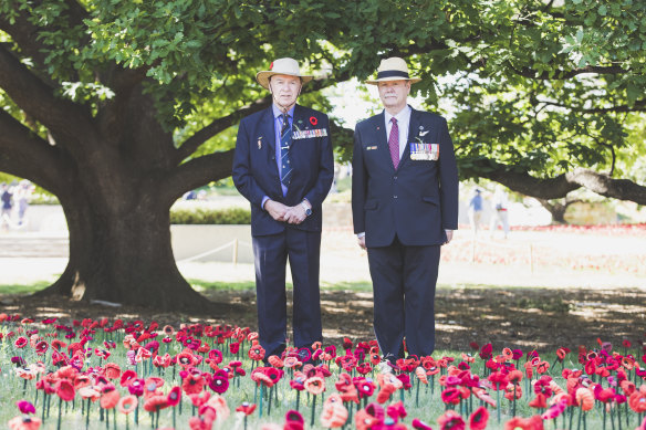 Vietnam veterans Jack Davis and Gerard Mapstone at the war memorial's Remembrance Day ceremony. 