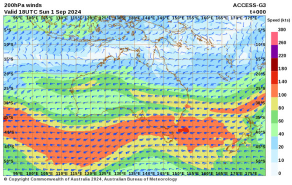 The jetstreams with a scale showing wind speeds as of 4am on Monday.