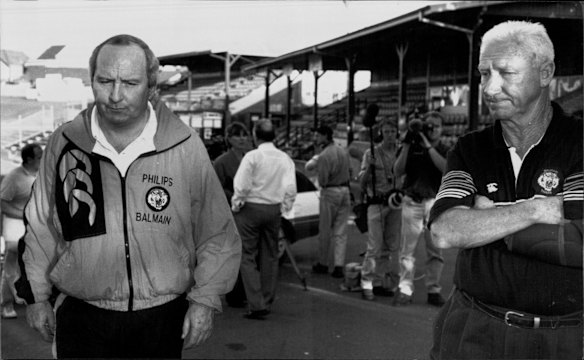 Balmain Rugby League coach Alan Jones after a press conference at Leichhardt Oval in 1993 after sacking Mark Geyer from the City Firsts team. Alongside him is Laurie Nichols.