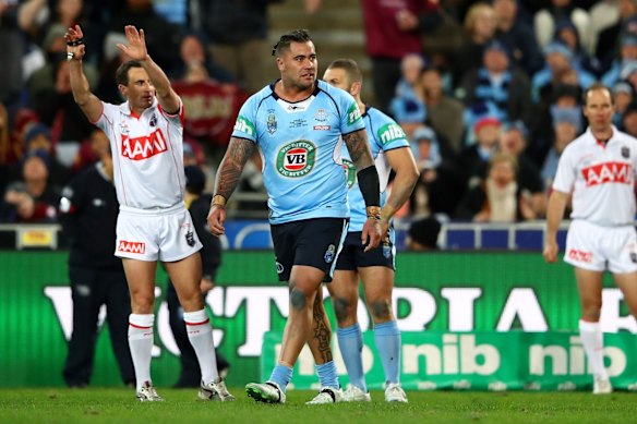 Andrew Fifita of the Blues is sent to the sin bin.
