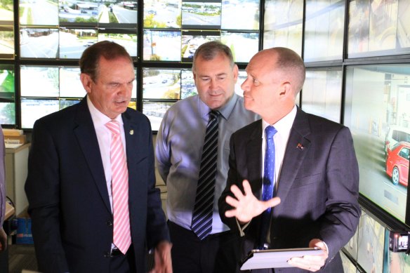 Then-premier Campbell Newman in Ipswich with then-mayor Paul Pisasale. 