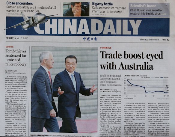 Prime Minister Malcolm Turnbull appeared on the front page of the China Daily with Premier Li Keqiang in Beijing China on Friday 15 April 2016.