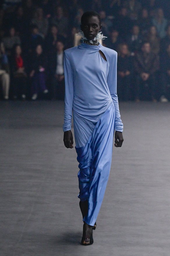 Cerulean blue on the Valentino runway in the spring/summer 2026 collection at Paris Fashion Week.