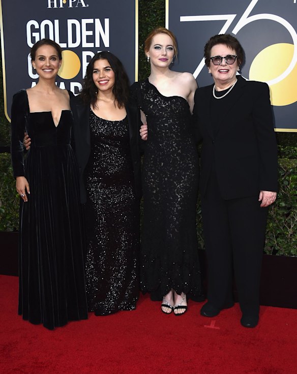 America Ferrera, from left, Natalie Portman, Emma Stone and Billie Jean King arrive at the 75th annual Golden Globe Awards.