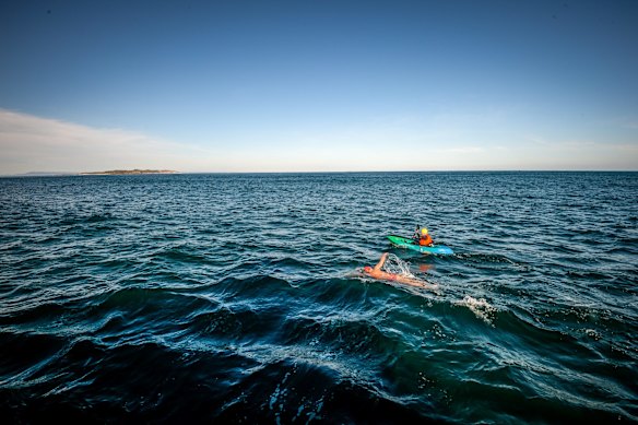 Swimmer Grant Siedle re-enacts the swim of Doug Mew across the rip from Point Lonsdale to Point Nepean on the same day 13th June just wearing speedos. Photo: Justin McManus