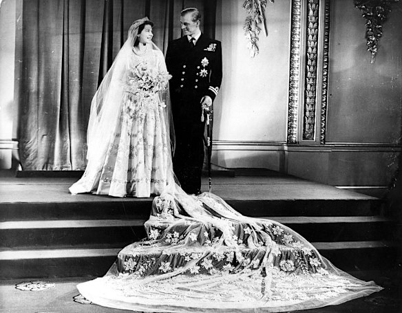 The bride and groom alone on the Throne Room after their wedding on November 20, 1947. 
