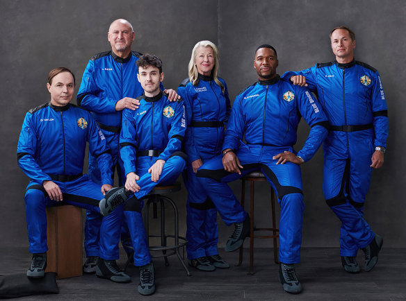 The six passengers who launched into space on Saturday, from left: Dylan Taylor, Lane Bess, Cameron Bess, Laura Shepard Churchley, Michael Strahan and Evan Dick. 