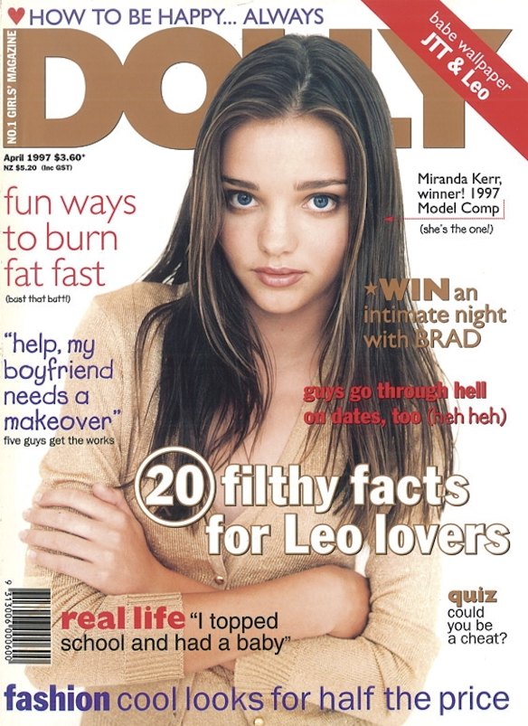 Miranda Kerr takes to the cover of Dolly in April 1997 after taking out the famous model search at just 13.