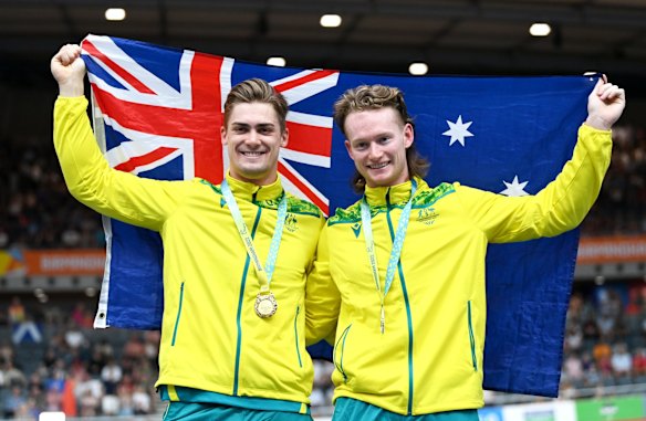 Gold Medalist, Matthew Glaetzer of Team Australia and Silver Medalist, Thomas Cornish of Team Australia pose for a photo during the Men's 1000m Time Trial medal ceremony.