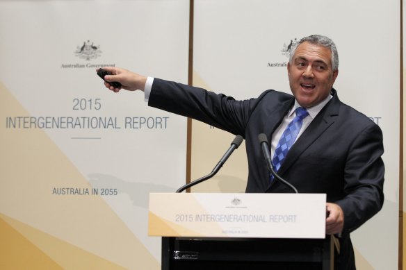 Joe Hockey releasing the 2015 intergenerational report. The next report, to be released in June, will show a huge deterioration in the nation’s finances and a smaller, older Australia.