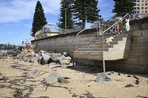 Erosion and damage to the shoreline at Queenscliff.